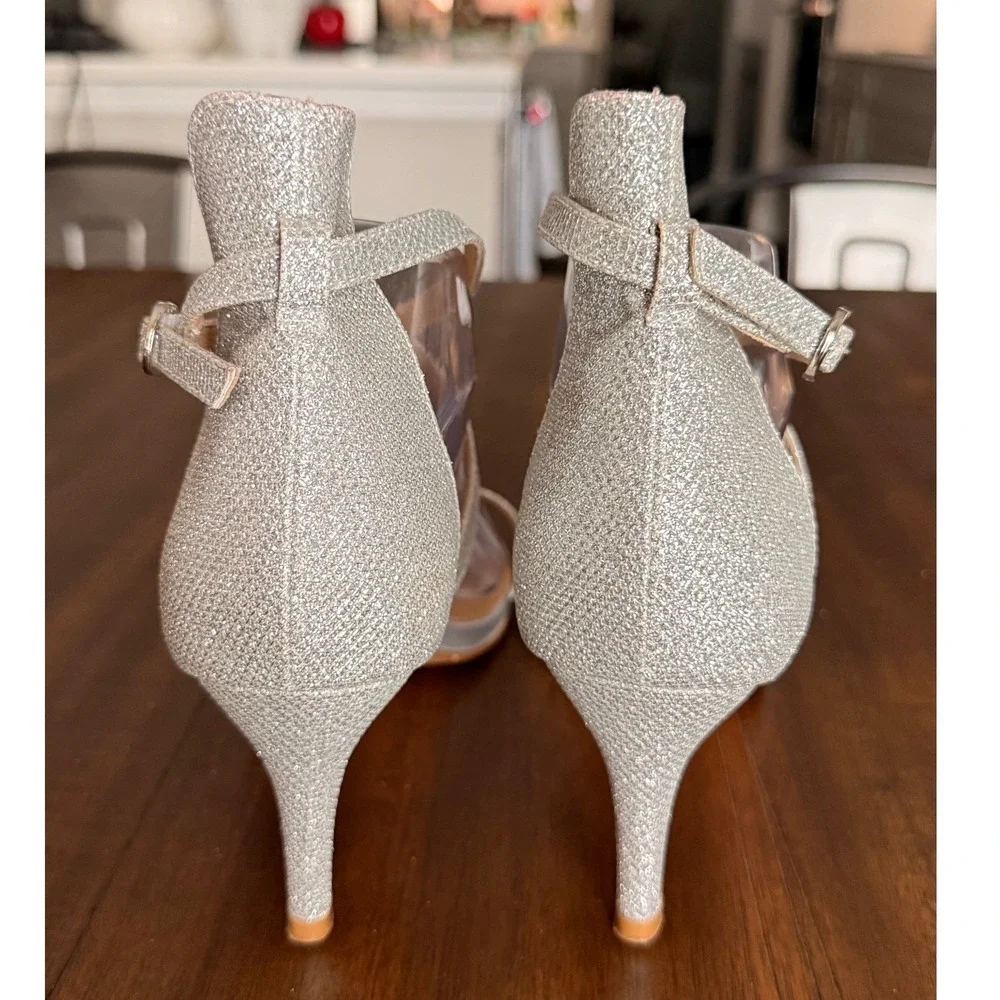 IDIFU Womens Silver Glitter Strappy Heels Ankle Strap Stiletto Sandals Size‎ 9.5